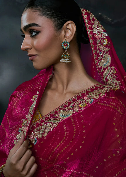 Pink and Yellow Embroidered Festive Saree