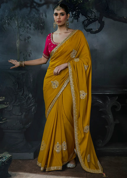 Yellow and Pink Embroidered Festive Saree