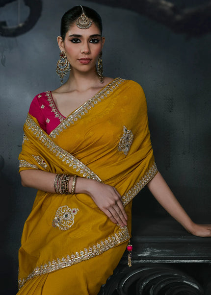 Yellow and Pink Embroidered Festive Saree