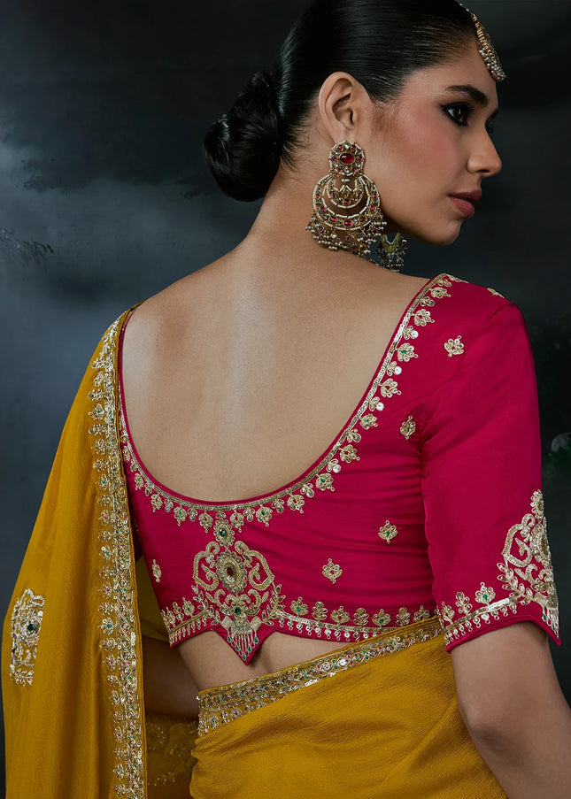 Yellow and Pink Embroidered Festive Saree