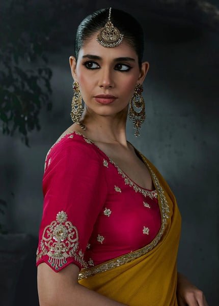 Yellow and Pink Embroidered Festive Saree