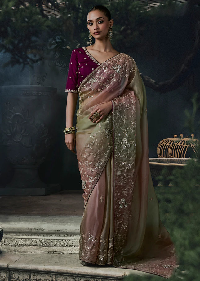 Green and Purple Embroidered Festive Saree