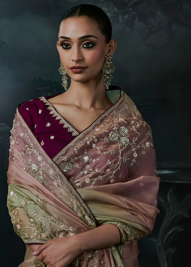 Green and Purple Embroidered Festive Saree