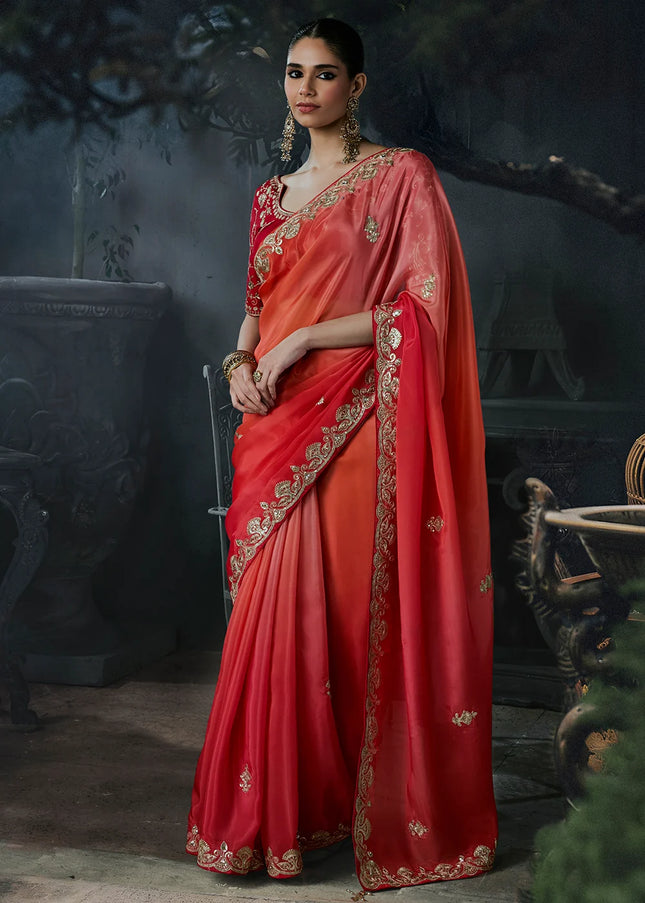 Orange and Pink Embroidered Festive Saree