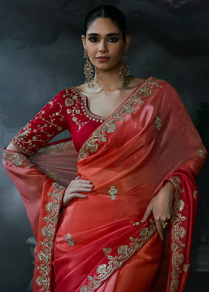 Orange and Pink Embroidered Festive Saree