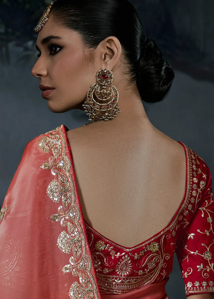 Orange and Pink Embroidered Festive Saree