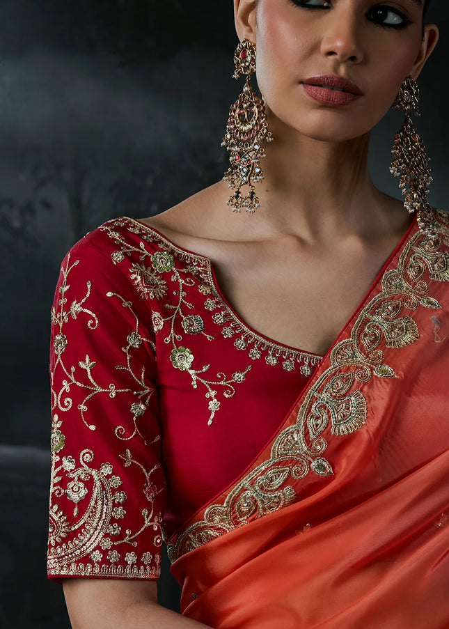 Orange and Pink Embroidered Festive Saree