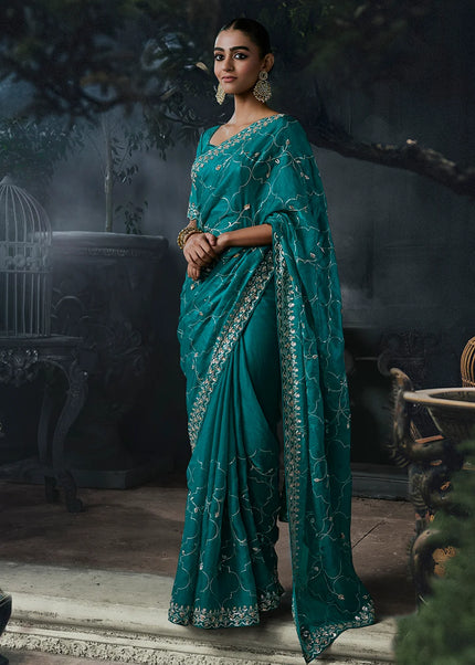 Teal Embroidered Festive Saree