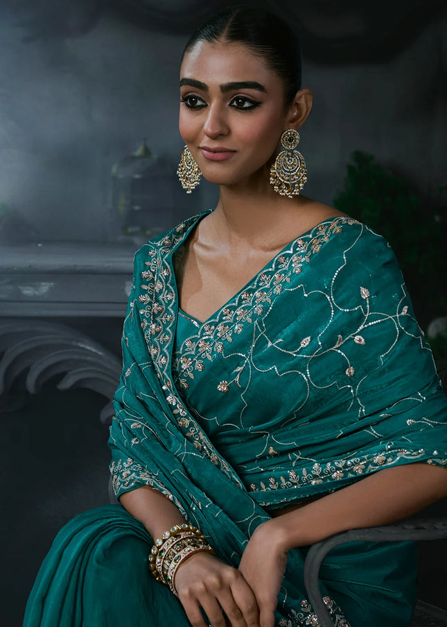 Teal Embroidered Festive Saree