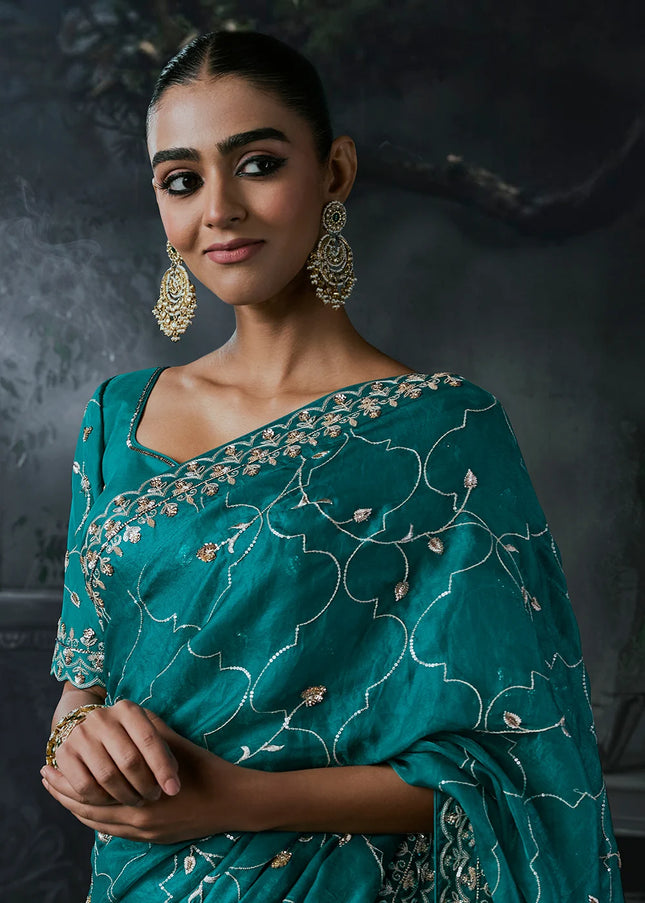 Teal Embroidered Festive Saree