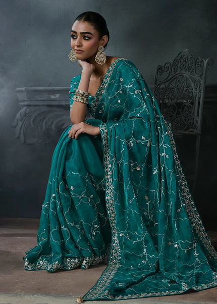 Teal Embroidered Festive Saree