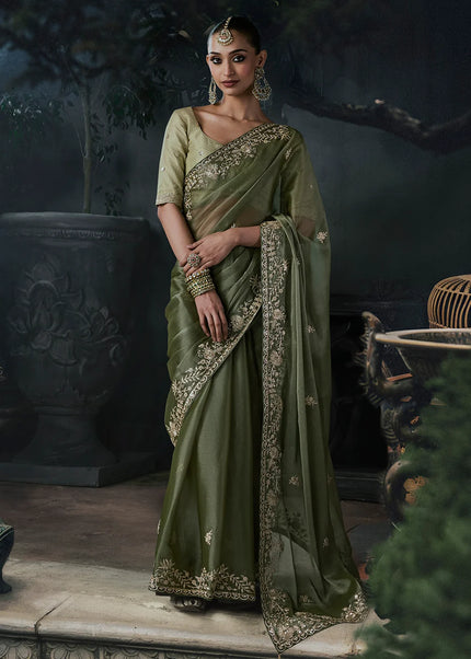 Green Embroidered Festive Saree
