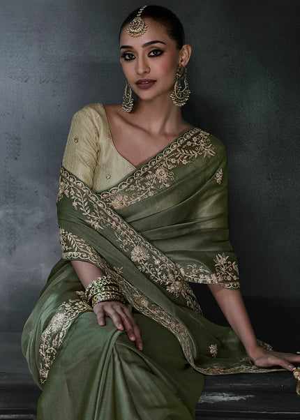 Green Embroidered Festive Saree