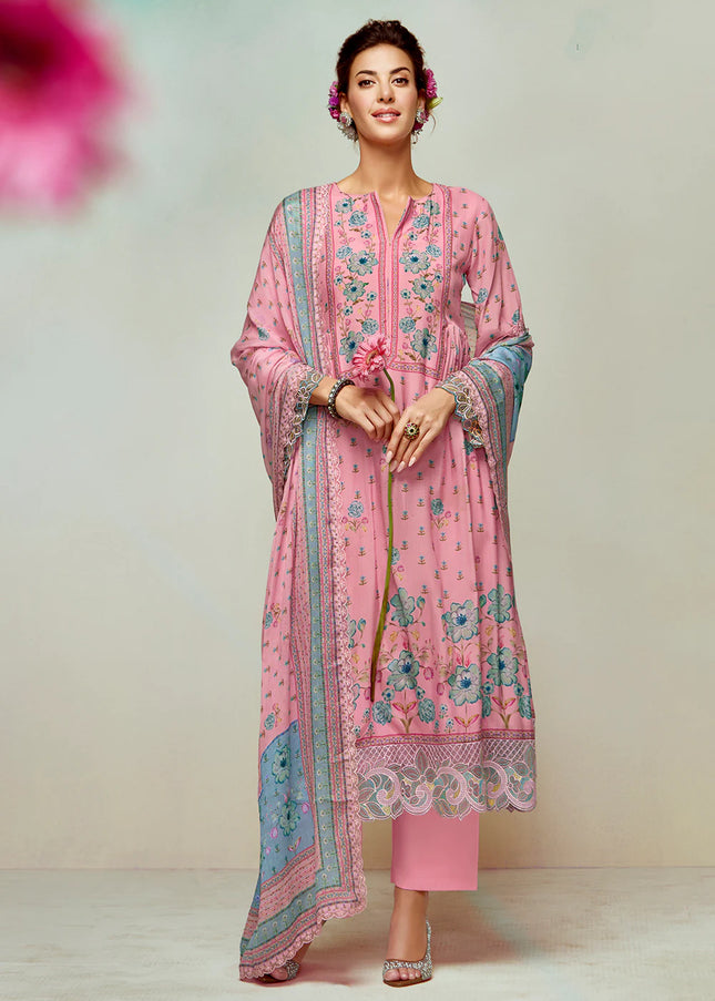 Pink Printed and Embroidered Pant Syle Suit