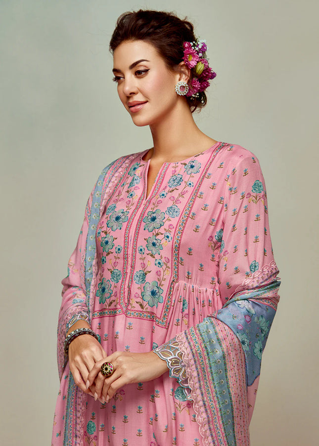 Pink Printed and Embroidered Pant Syle Suit