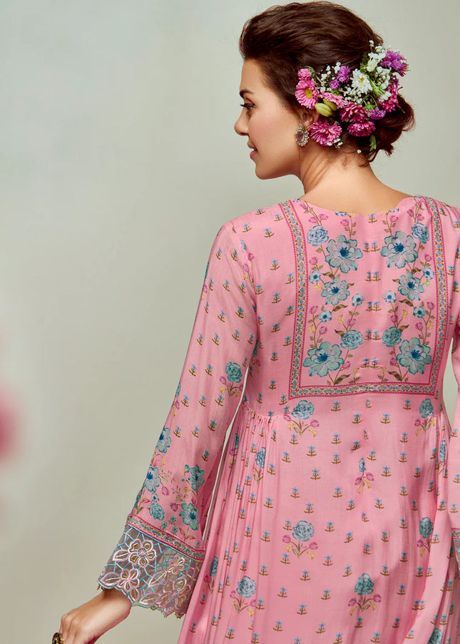 Pink Printed and Embroidered Pant Syle Suit