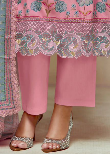 Pink Printed and Embroidered Pant Syle Suit