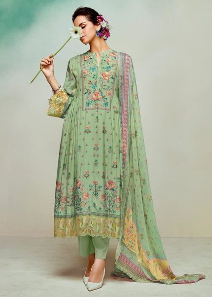 Green Printed and Embroidered Pant Syle Suit