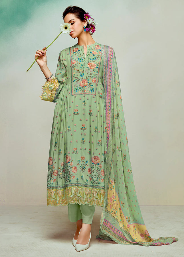 Green Printed and Embroidered Pant Syle Suit