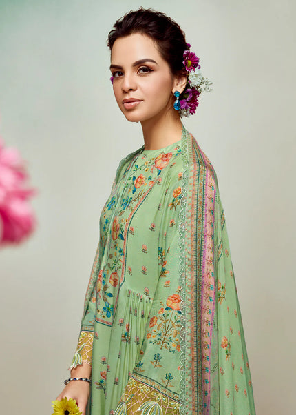 Green Printed and Embroidered Pant Syle Suit