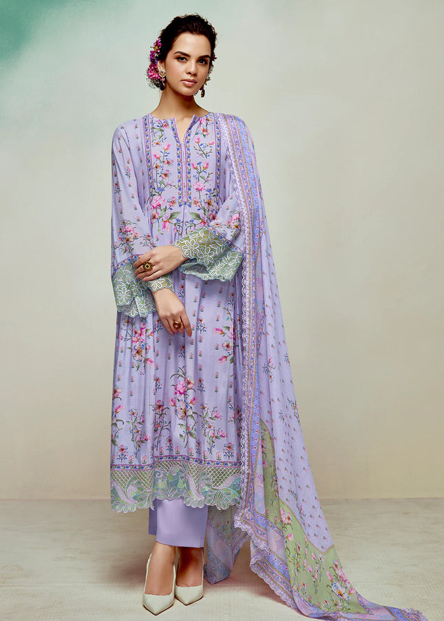Lavender Printed and Embroidered Pant Syle Suit