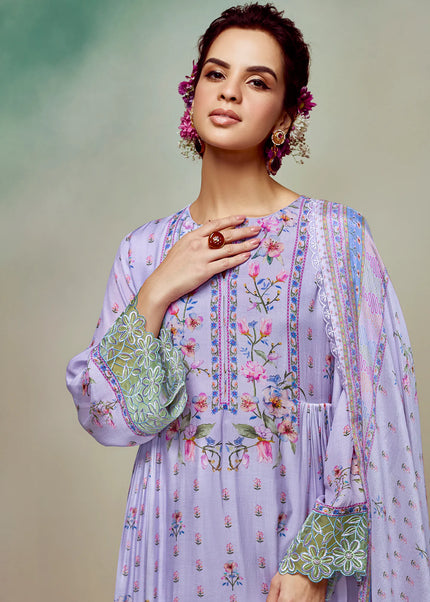 Lavender Printed and Embroidered Pant Syle Suit