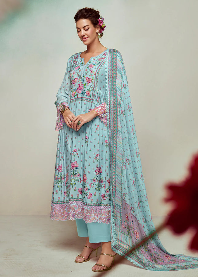 Sky Blue Printed and Embroidered Pant Syle Suit