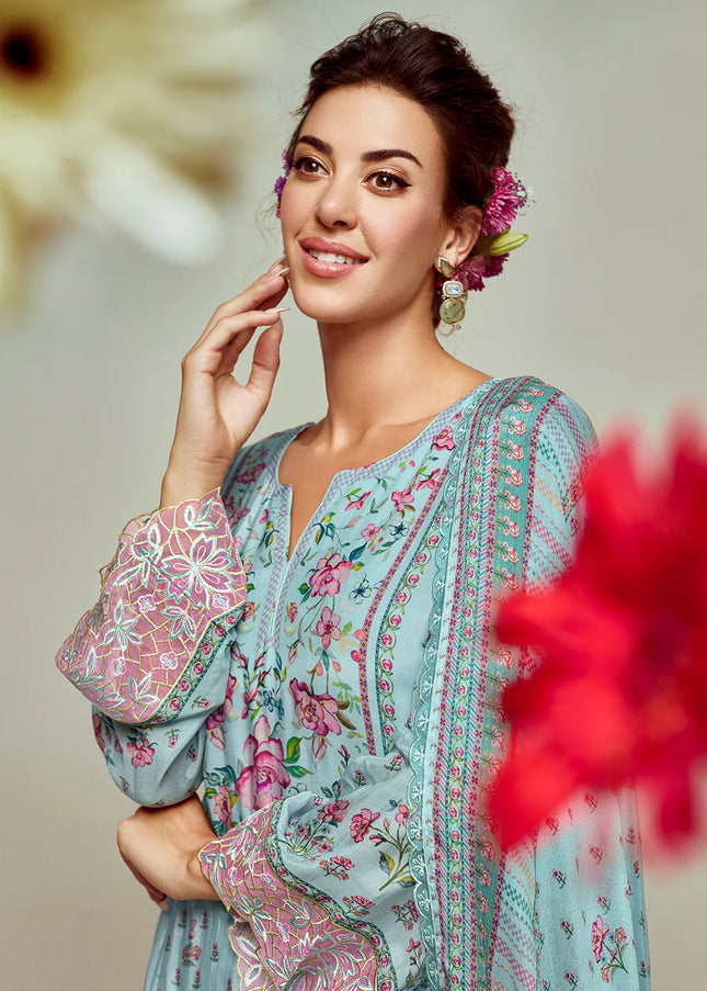 Sky Blue Printed and Embroidered Pant Syle Suit