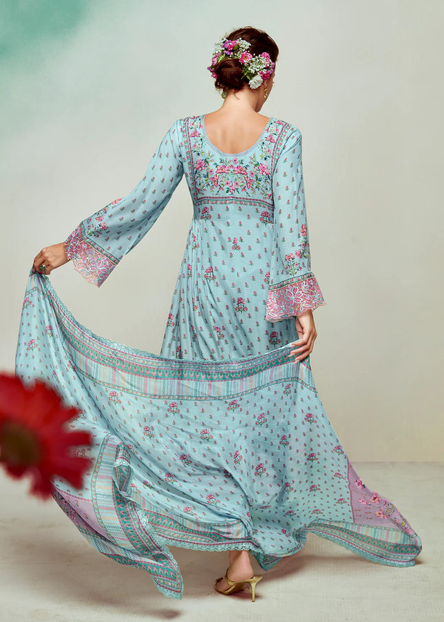 Sky Blue Printed and Embroidered Pant Syle Suit