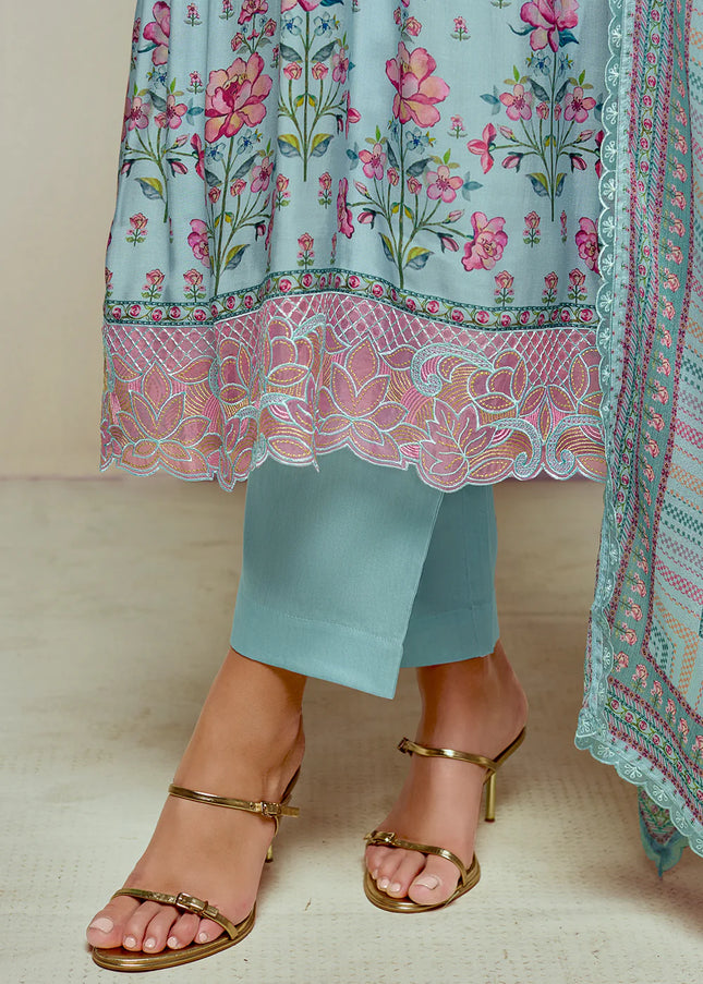 Sky Blue Printed and Embroidered Pant Syle Suit
