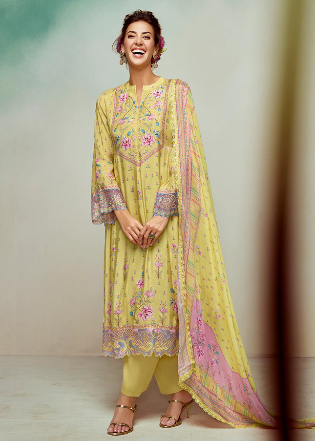 Yellow Printed and Embroidered Pant Syle Suit