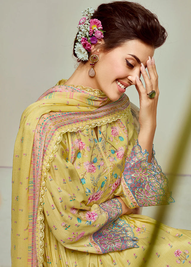 Yellow Printed and Embroidered Pant Syle Suit