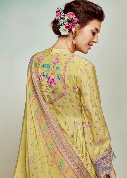 Yellow Printed and Embroidered Pant Syle Suit