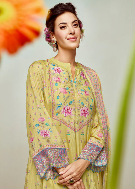 Yellow Printed and Embroidered Pant Syle Suit