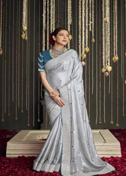 Grey and Blue Embroidered Festive Saree