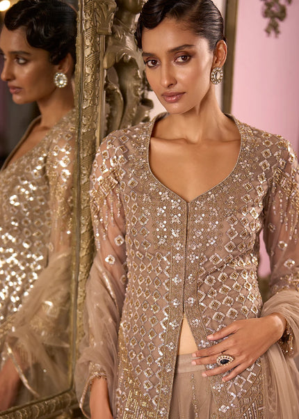 Beige Embroidered Sharara Suit