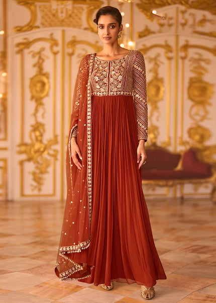 Rust Embroidered Anarkali Gown