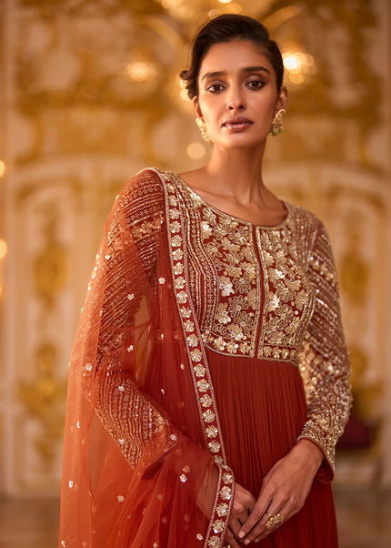 Rust Embroidered Anarkali Gown