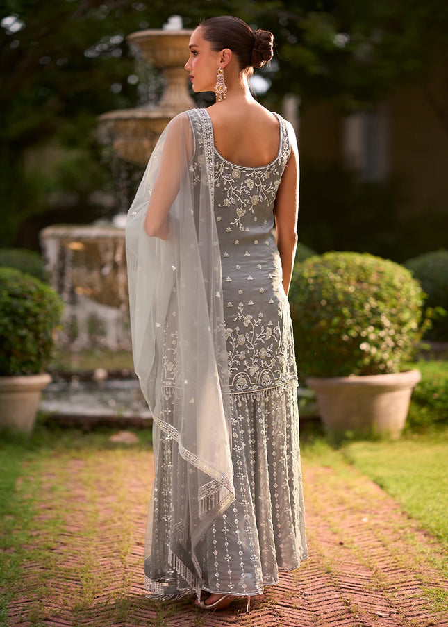 Grey Embroidered Sharara Suit