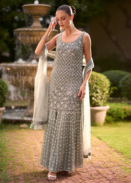 Grey Embroidered Sharara Suit