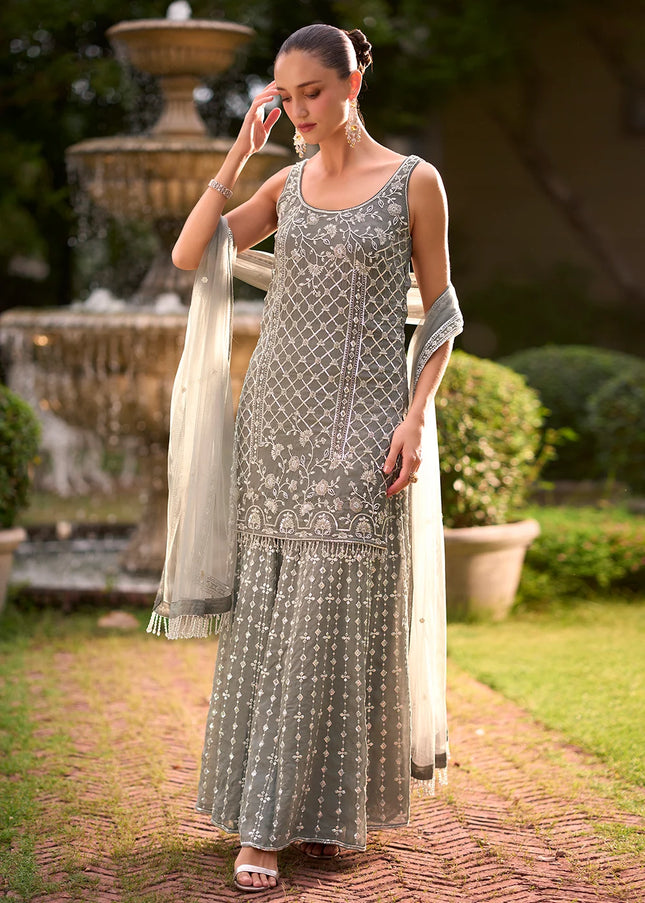 Grey Embroidered Sharara Suit