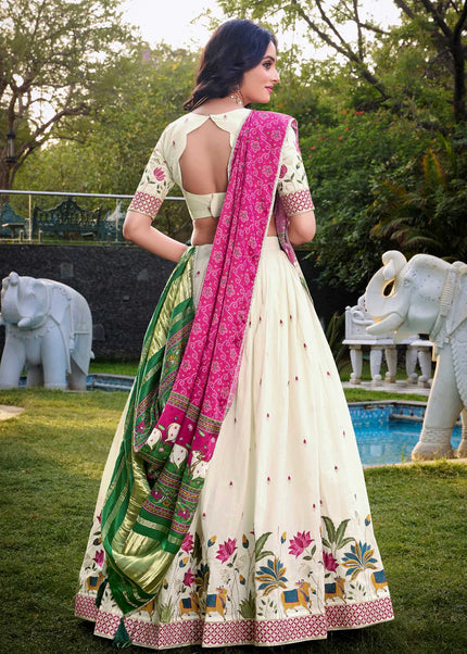 Offwhite and Pink Embroidered Lehenga Choli