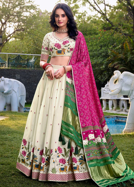 Offwhite and Pink Embroidered Lehenga Choli