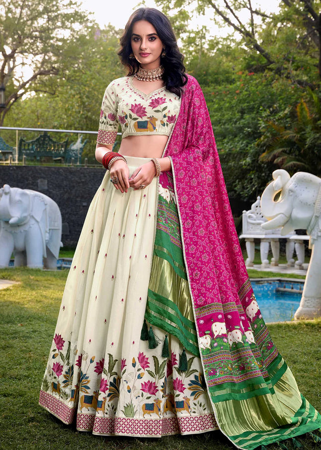 Offwhite and Pink Embroidered Lehenga Choli