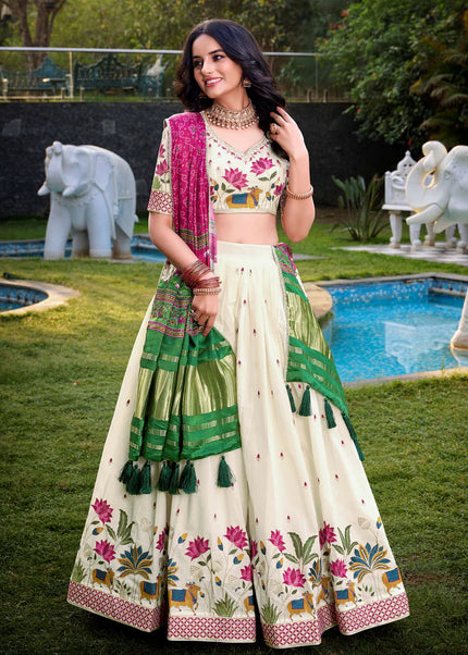 Offwhite and Pink Embroidered Lehenga Choli