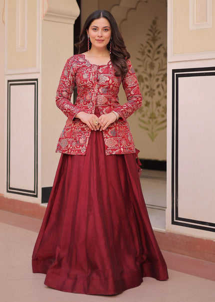 Maroon Embroidered Jacket Style Lehenga