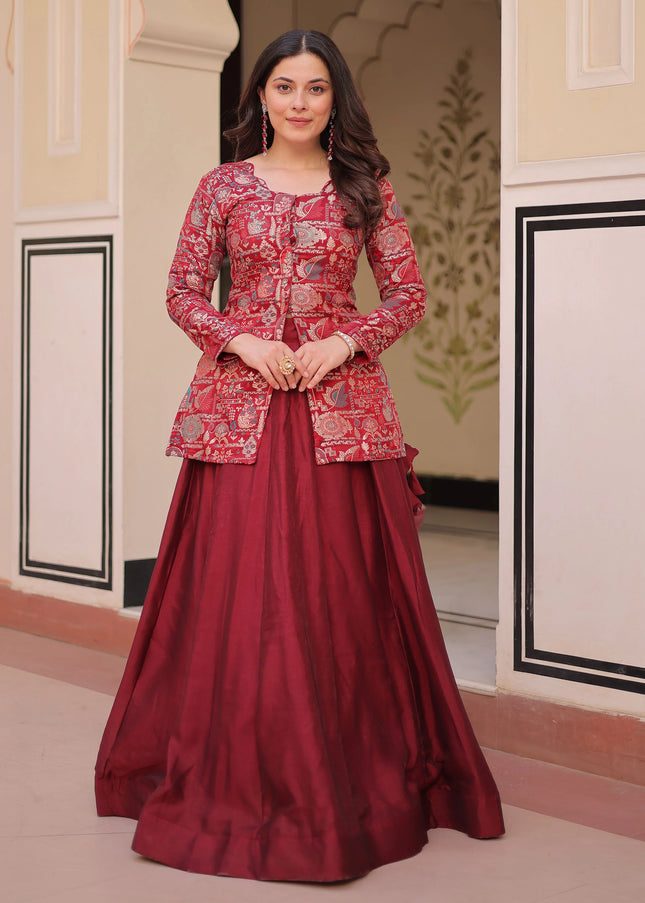 Maroon Embroidered Jacket Style Lehenga