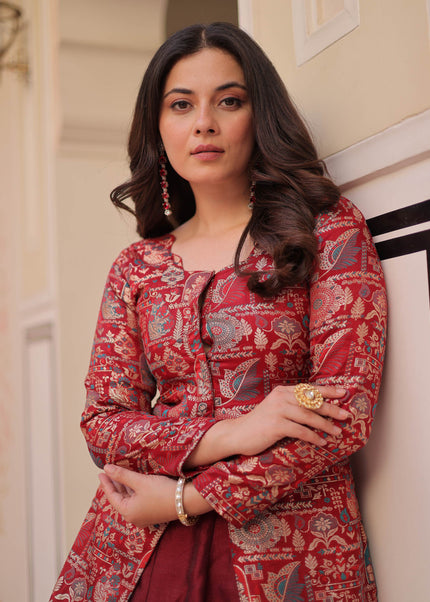 Maroon Embroidered Jacket Style Lehenga