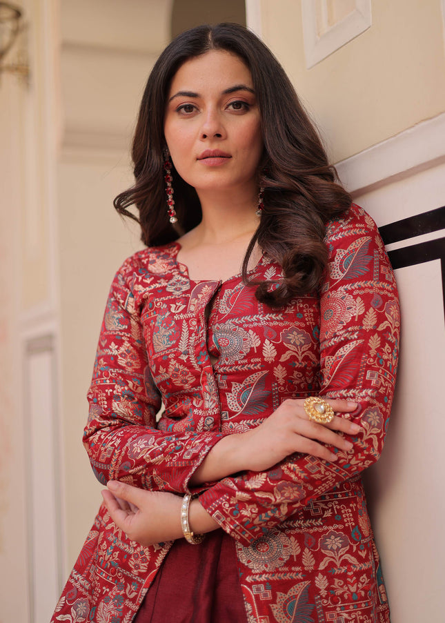 Maroon Embroidered Jacket Style Lehenga
