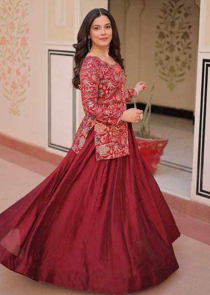 Maroon Embroidered Jacket Style Lehenga